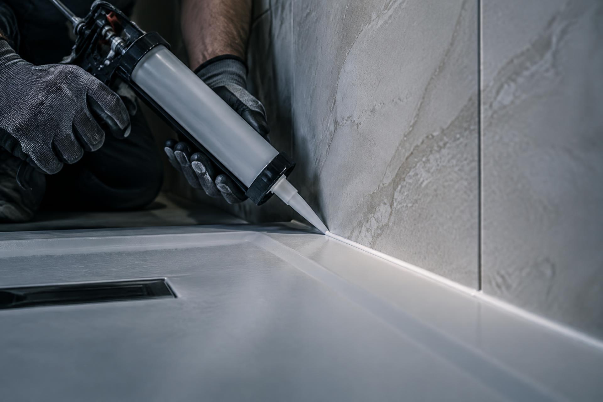 Precision white silicone caulking bead between stone tile wall and shower base