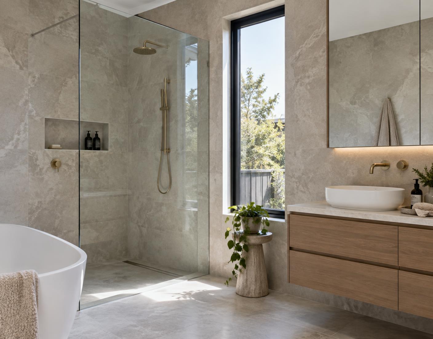 Sealed frameless shower screen in a modern residential bathroom